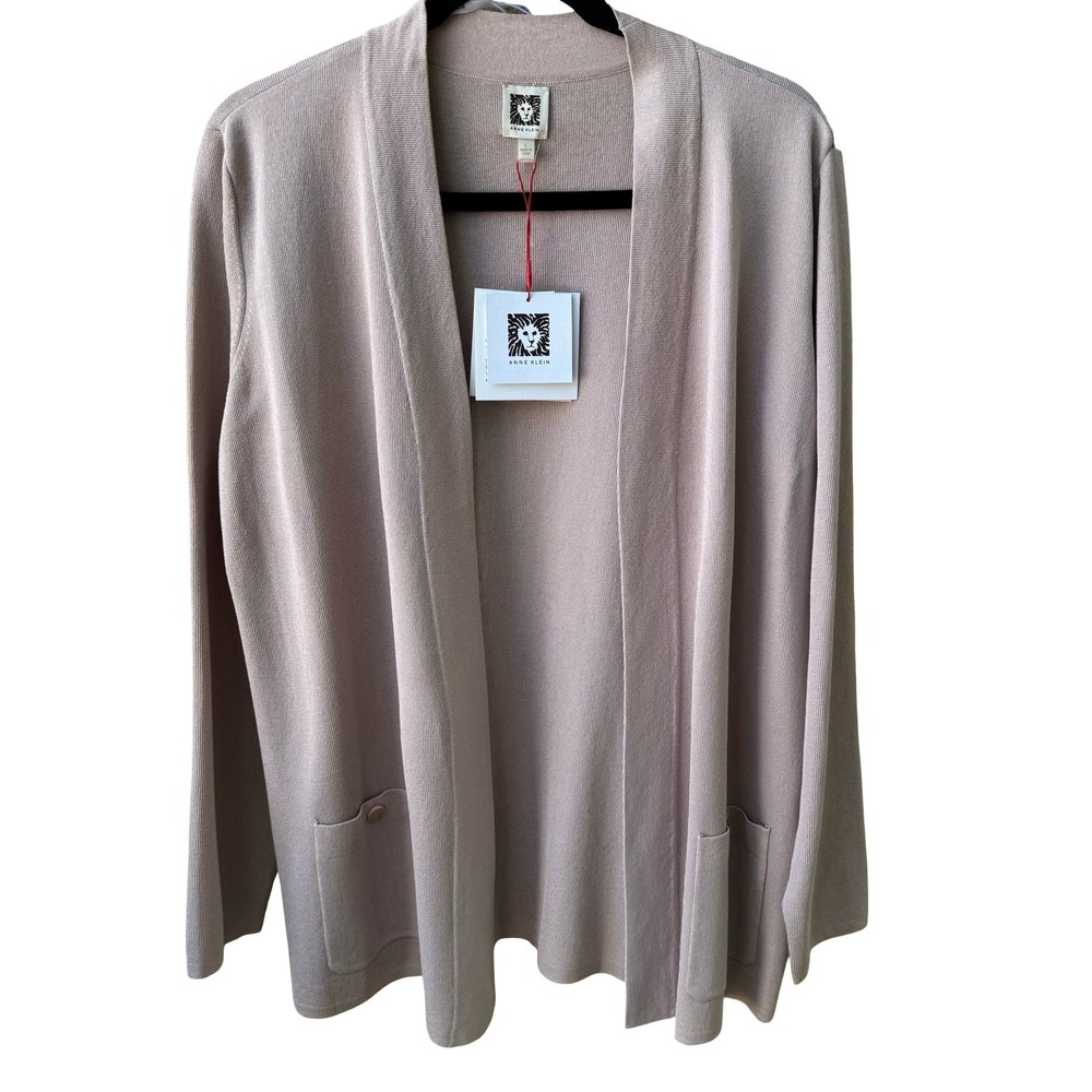 Anne Klein Minimalist Layering Open Front Ribbed Knit Cardigan Pastel Pink L NEW